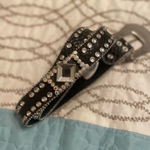 Rhinestone black leather belt size L 48” from buckle to the end of the belt.